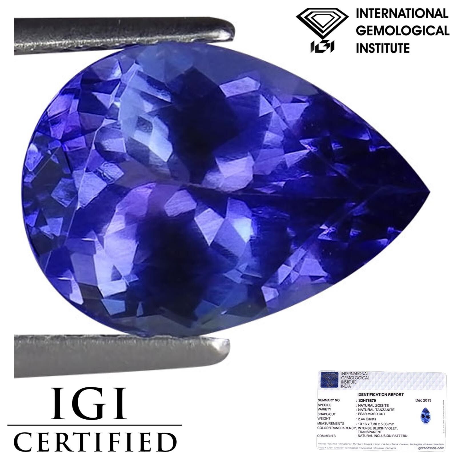 2.44 Ct IGI Certified AA+ Natural D Block Tanzanite Blue Violet Color Pear  Cut